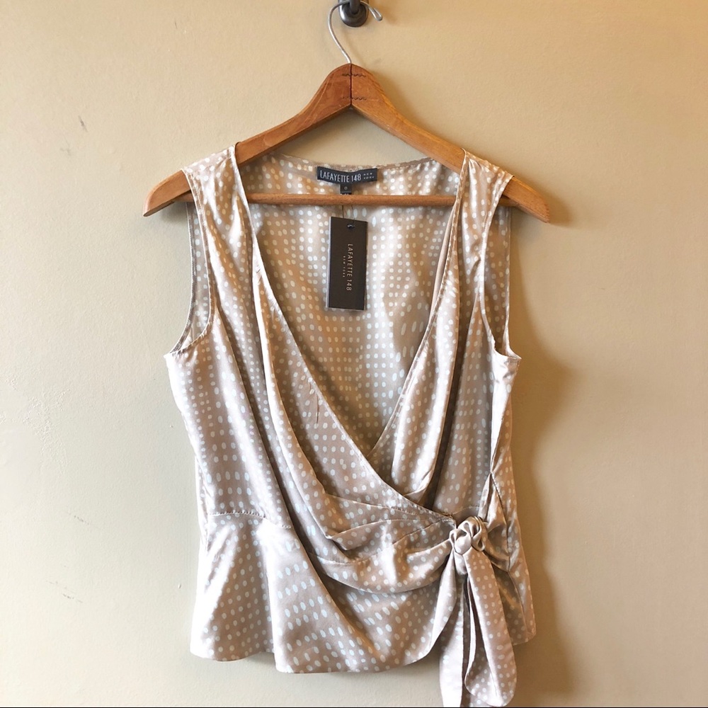 NWT Lafayette 148 polka dot silk side wrap top